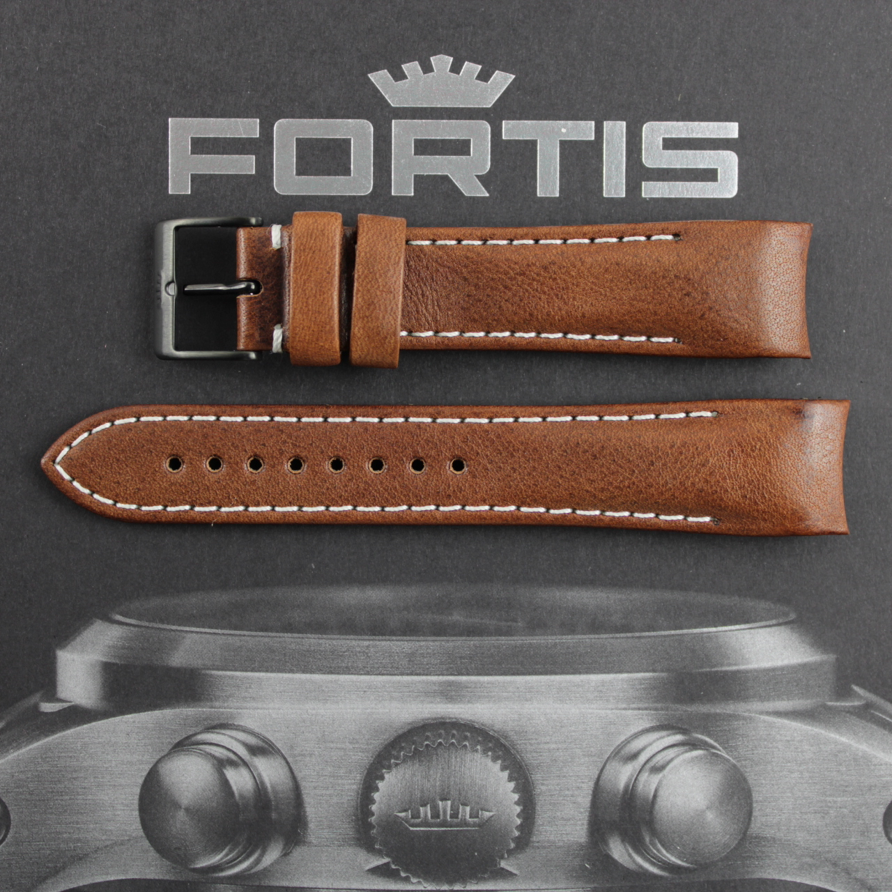 Fortis B-42/ F-43 Integriertes dunkelbraunes Lederband mit weisser Kontrastnaht 