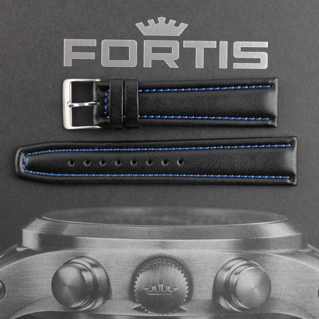 Fortis Lederband schwarz mit blauer Kontrastnaht.
